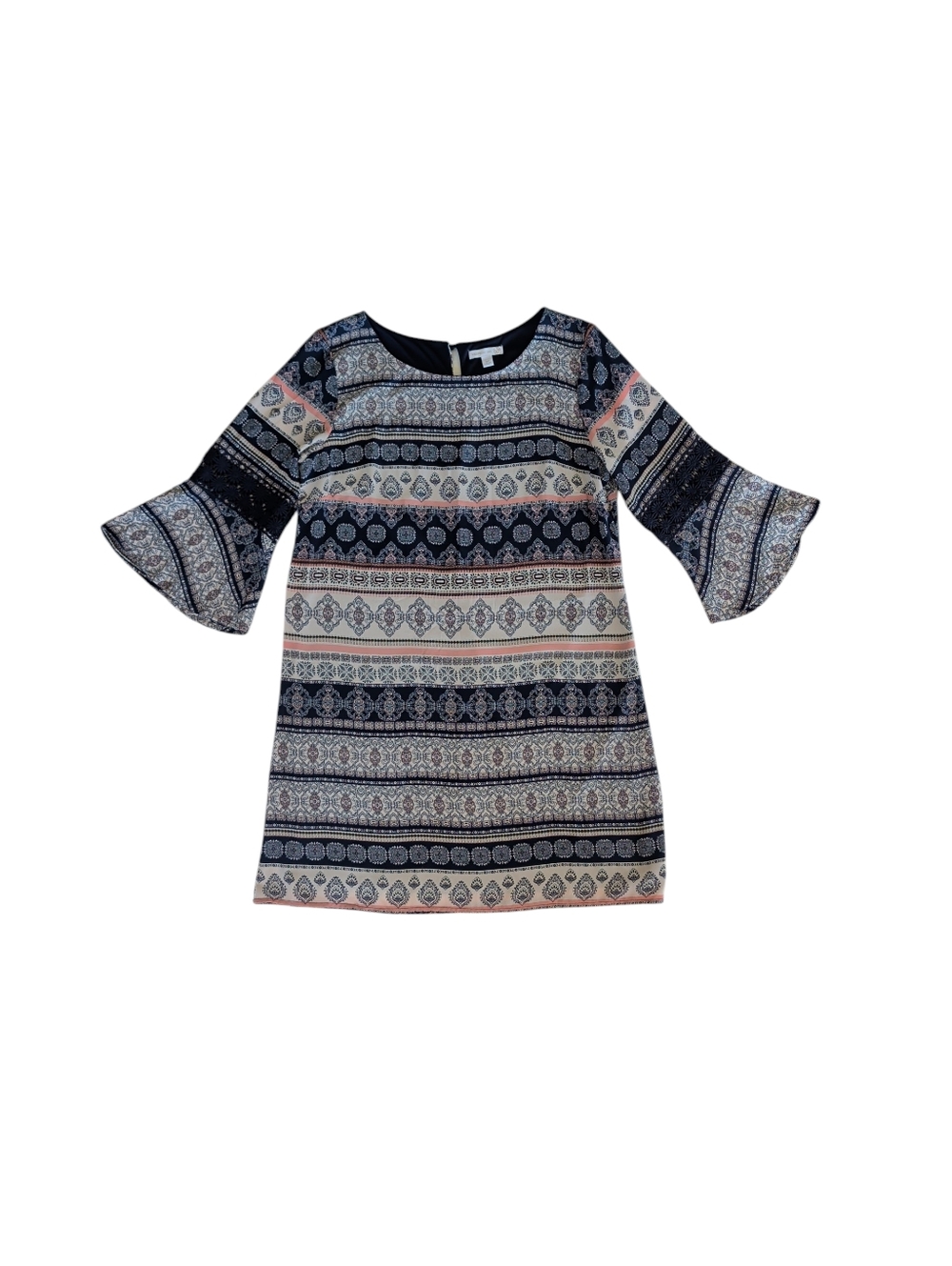 Westport 1962 Boho Bell-Sleeve Lined Shift Dress 16P Navy Coral